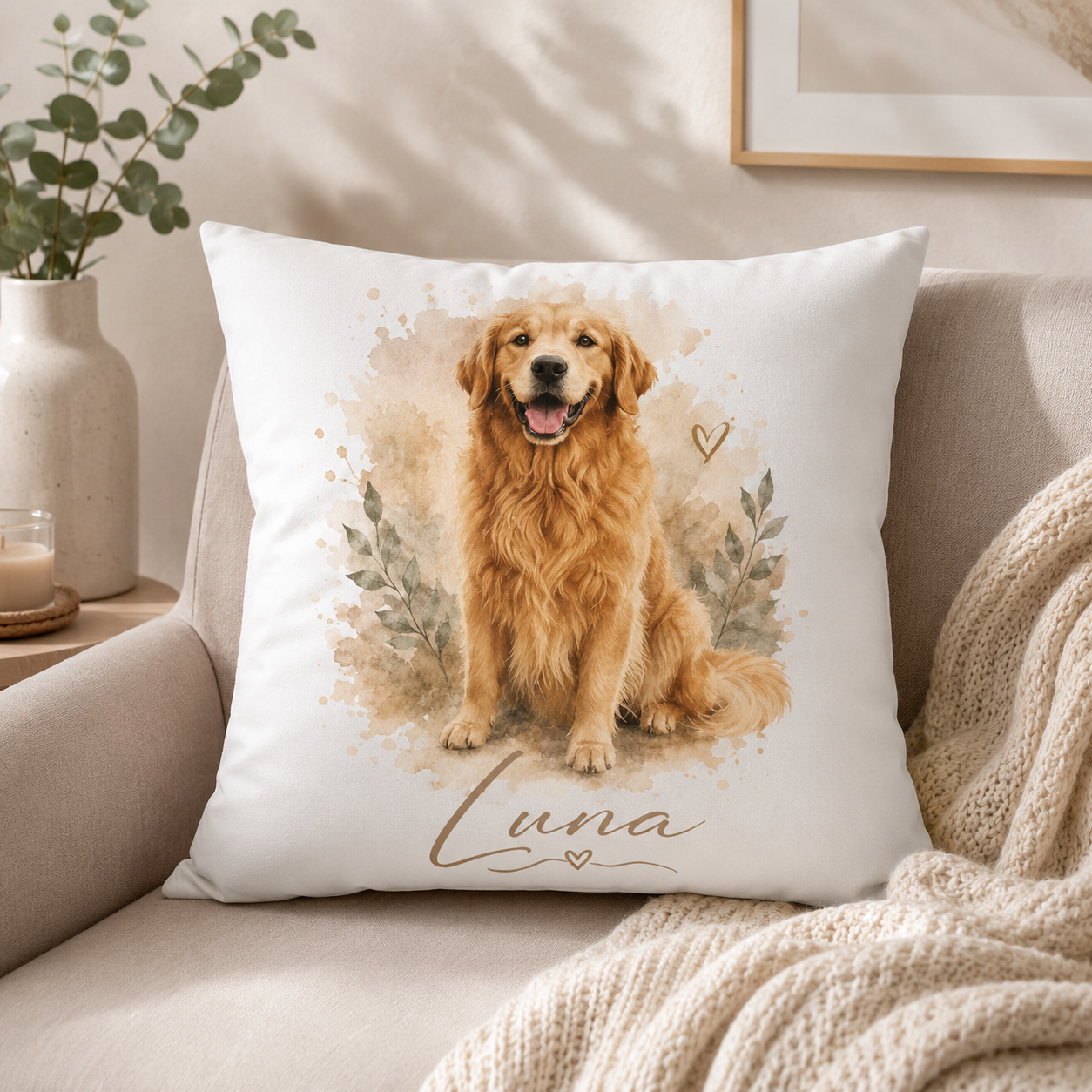 Personalisierter Kissenbezug mit Foto | Hundeportrait im Aquarell-Stil mit Name | Individuelles Haustierkissen | Geschenk für Hundebesitzer