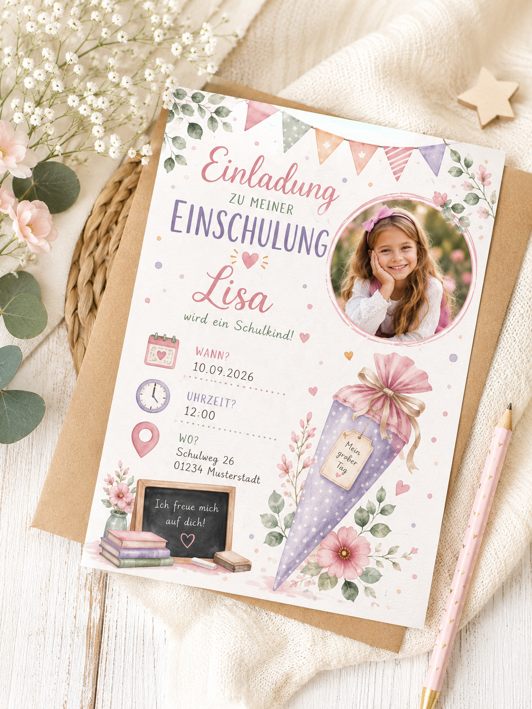 7 Einladungskarten Einschulung personalisiert | Einladung Schulanfang mit Foto & Name | Einschulung 2026 Mädchen | Schultüte Einladung