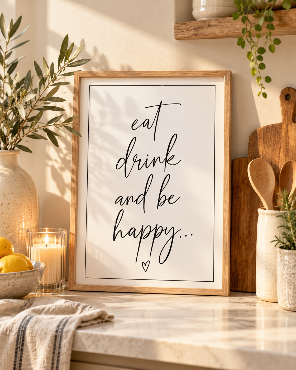 Eat drink and be Happy - Minimalistisches Küchenposter