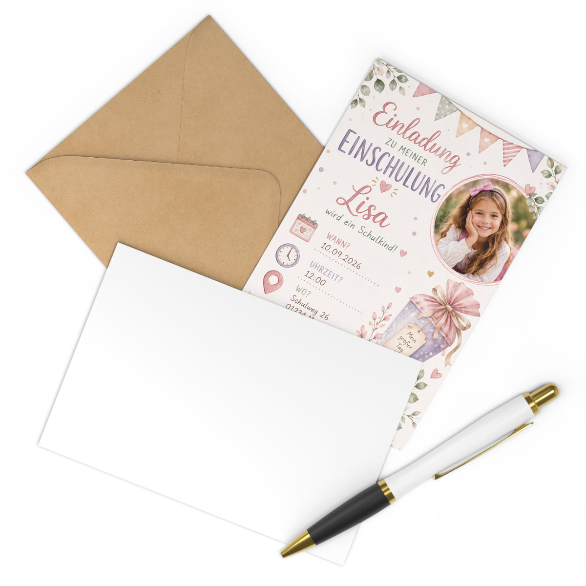 7 Einladungskarten Einschulung personalisiert | Einladung Schulanfang mit Foto & Name | Einschulung 2026 Mädchen | Schultüte Einladung