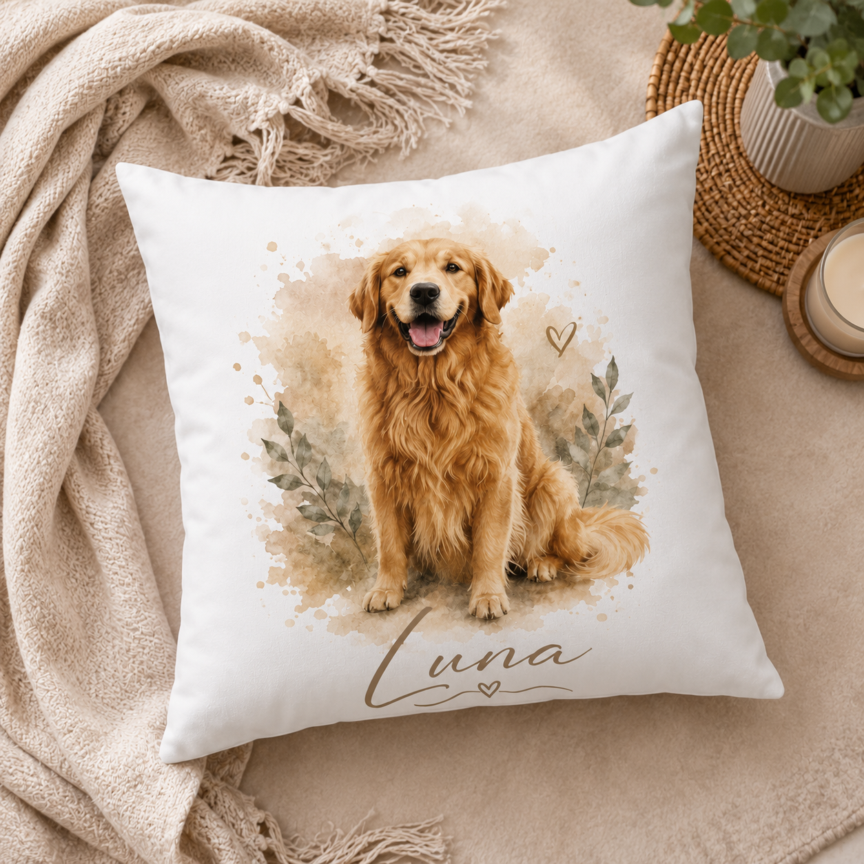 Personalisierter Kissenbezug mit Foto | Hundeportrait im Aquarell-Stil mit Name | Individuelles Haustierkissen | Geschenk für Hundebesitzer