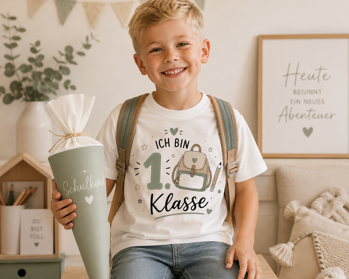Ich bin 1. Klasse Shirt Kinder | Einschulung 2026 T-Shirt | Schulkind Shirt mit Schulranzen | Geschenk zum ersten Schultag