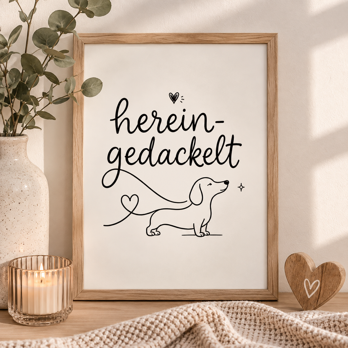 Dackel Poster Herein gedackelt | Lustiges Hunde Poster | Dackel Wandbild | Geschenk für Dackel Liebhaber | Minimalistische Hundedeko