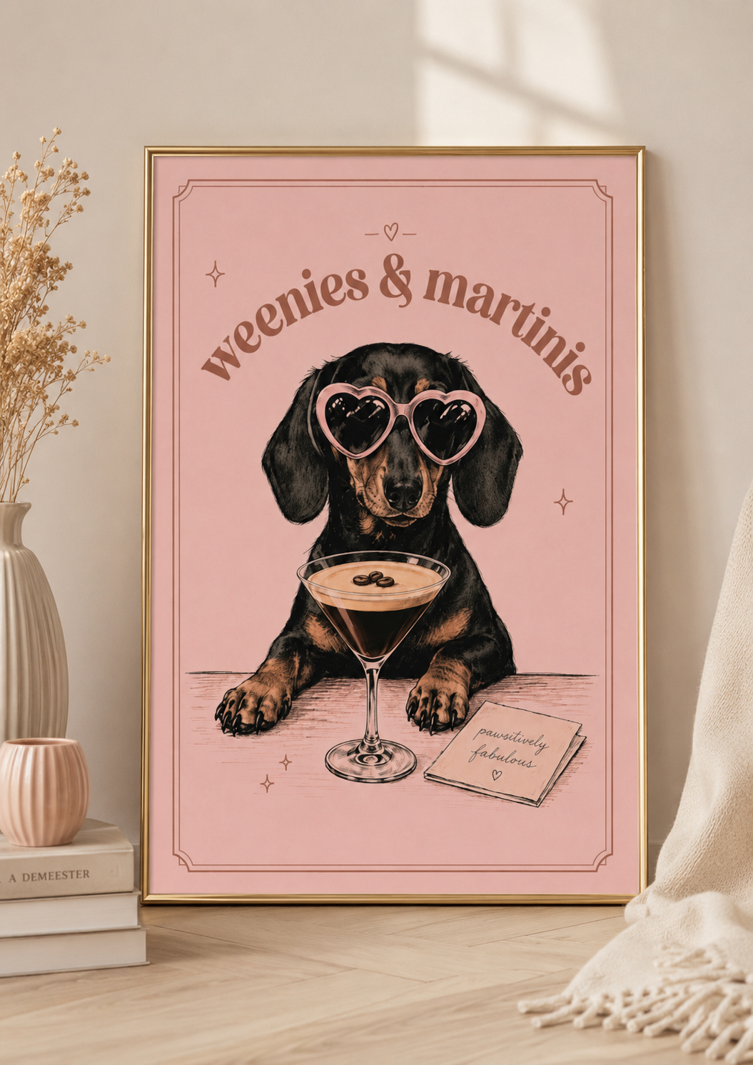 Dackel Poster mit Espresso Martini | Weenies & Martinis Wandbild | Lustiges Dackel Poster | Dachshund Print | Pinke Hunde Deko