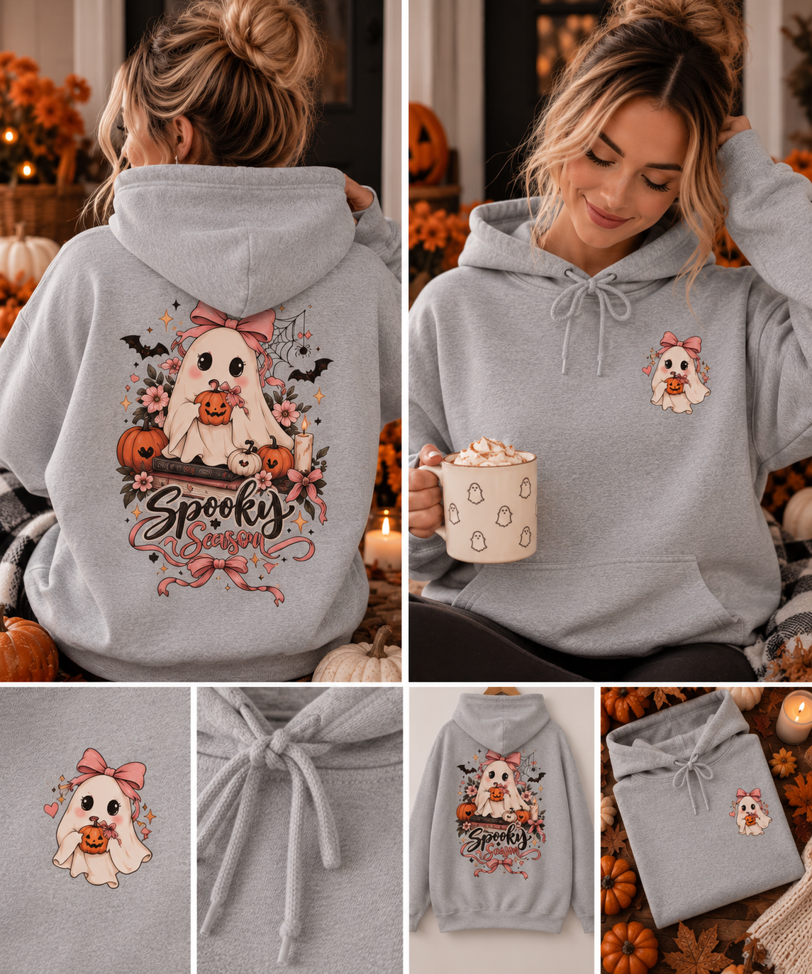 Spooky Season Hoodie Damen | Girly Halloween Pullover mit Geist & Kürbis | Halloween Hoodie Herbst | Cute Ghost Sweater