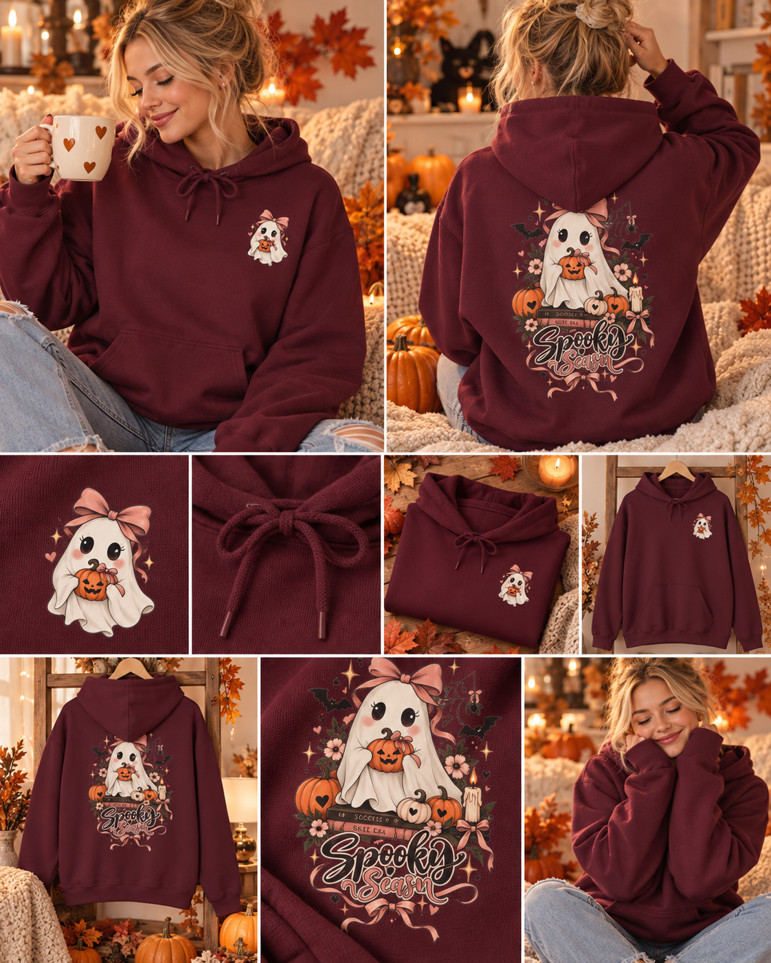 Spooky Season Hoodie Damen | Girly Halloween Pullover mit Geist & Kürbis | Halloween Hoodie Herbst | Cute Ghost Sweater
