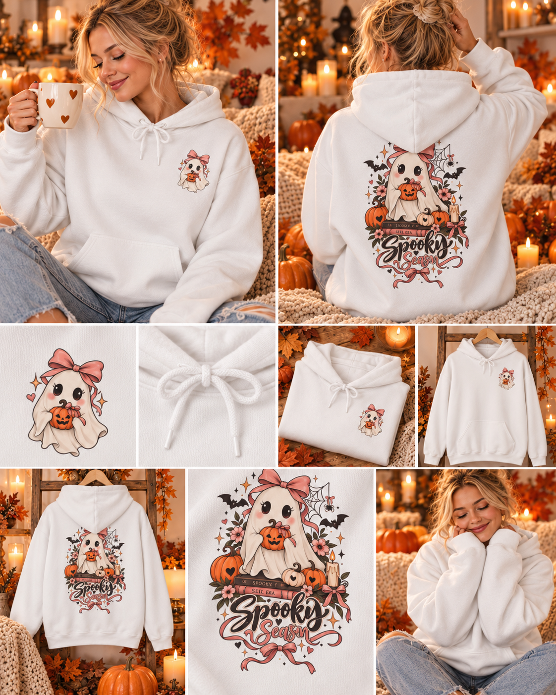 Spooky Season Hoodie Damen | Girly Halloween Pullover mit Geist & Kürbis | Halloween Hoodie Herbst | Cute Ghost Sweater
