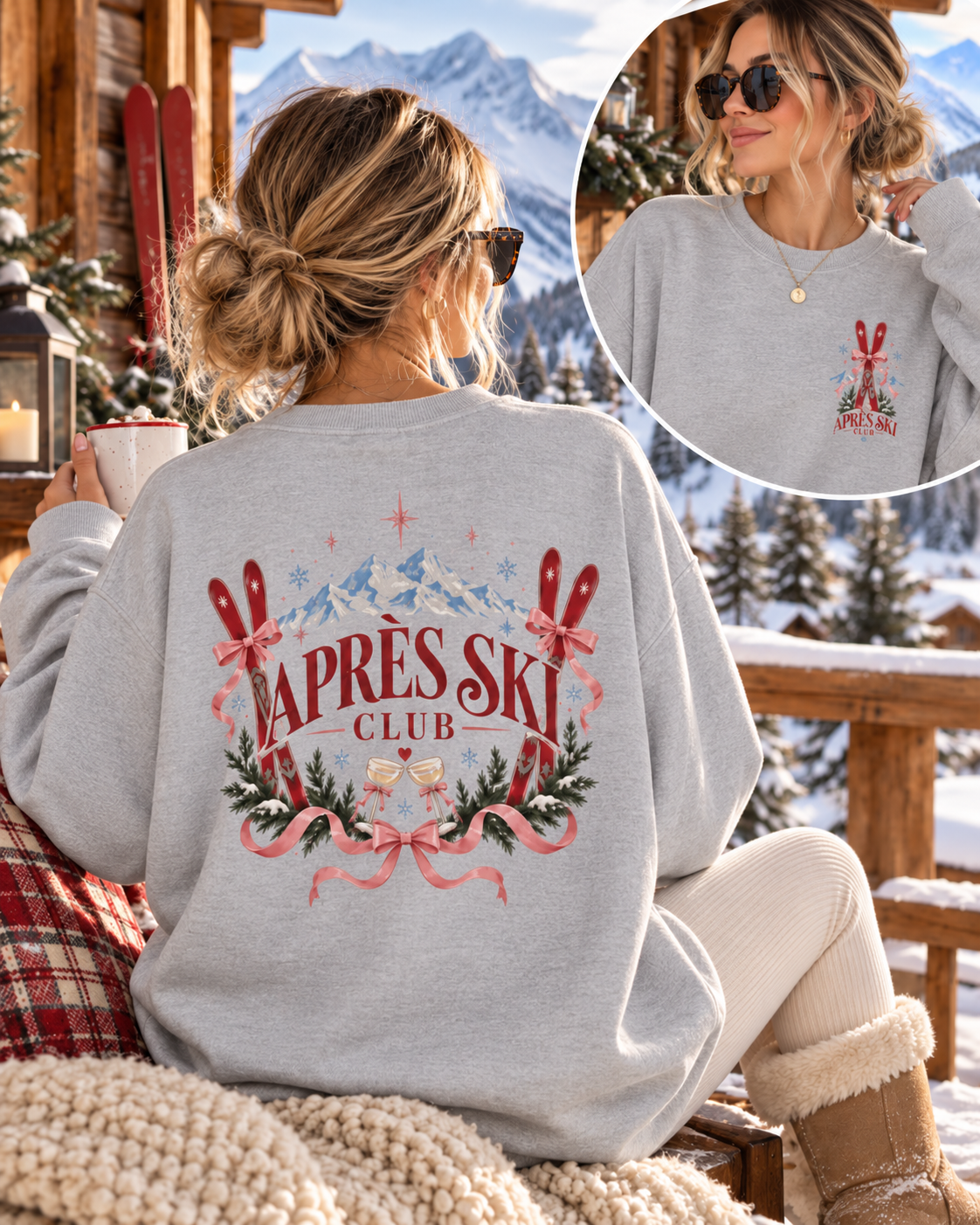 Après Ski Club Pullover Damen | Ski Sweatshirt mit Rückenprint | Winter Pullover Après Ski | Ski Urlaub Outfit | Geschenk Skifahrerin
