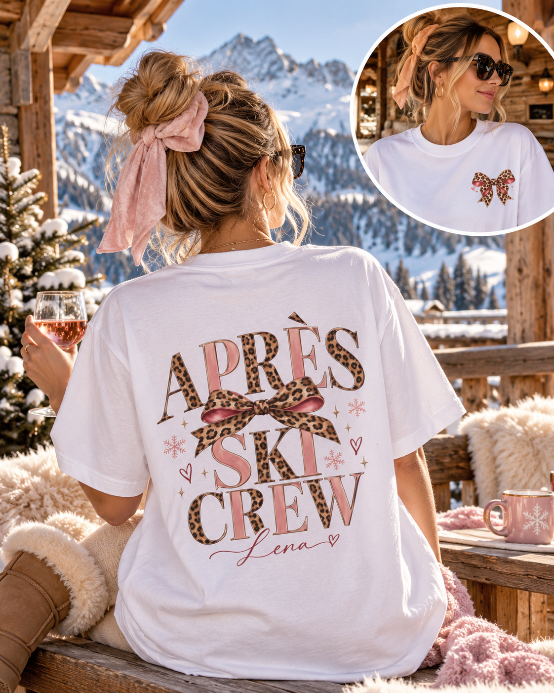 Personalisierbares Après Ski Crew Shirt Damen | Skiurlaub T-Shirt mit Name | Leo Print Schleife | Après Ski Outfit | Ski Crew Shirt