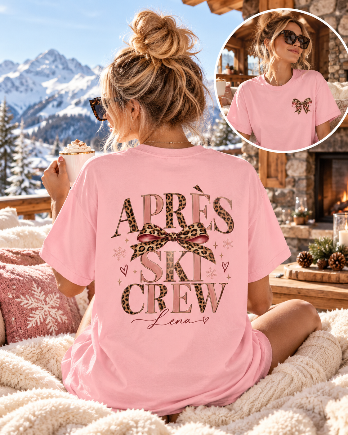 Personalisierbares Après Ski Crew Shirt Damen | Skiurlaub T-Shirt mit Name | Leo Print Schleife | Après Ski Outfit | Ski Crew Shirt