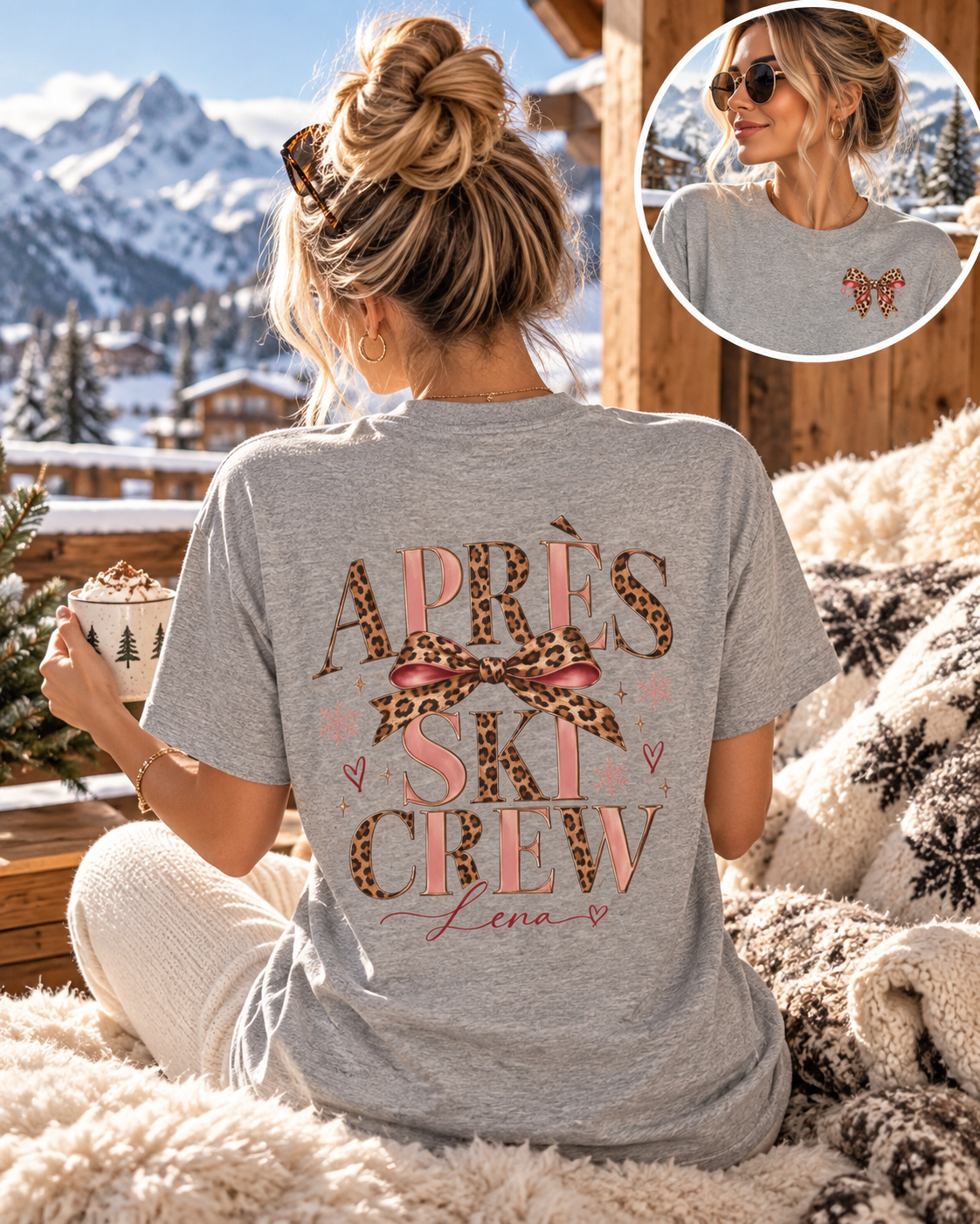 Personalisierbares Après Ski Crew Shirt Damen | Skiurlaub T-Shirt mit Name | Leo Print Schleife | Après Ski Outfit | Ski Crew Shirt