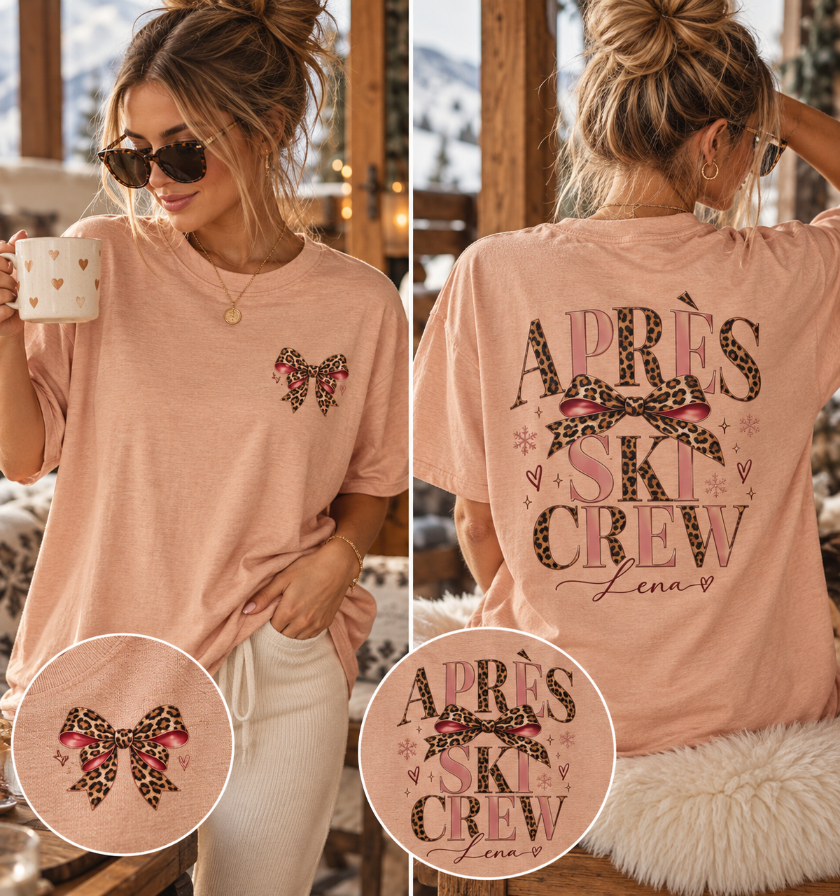Personalisierbares Après Ski Crew Shirt Damen | Skiurlaub T-Shirt mit Name | Leo Print Schleife | Après Ski Outfit | Ski Crew Shirt