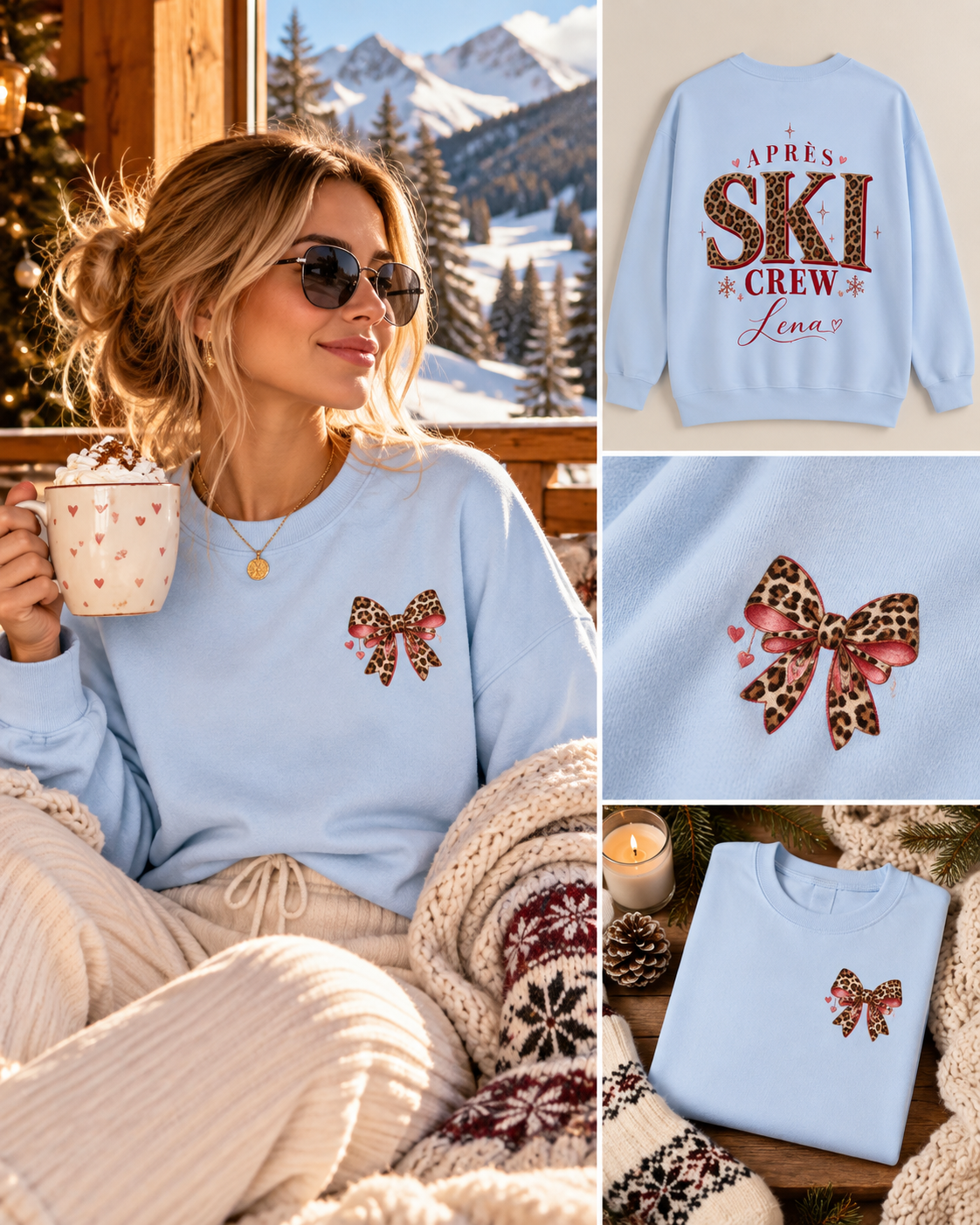Personalisierter Après Ski Pullover Damen | Ski Crew Sweatshirt mit Name | Leo Print Winter Pullover | Skiurlaub Outfit | Après Ski Geschenk