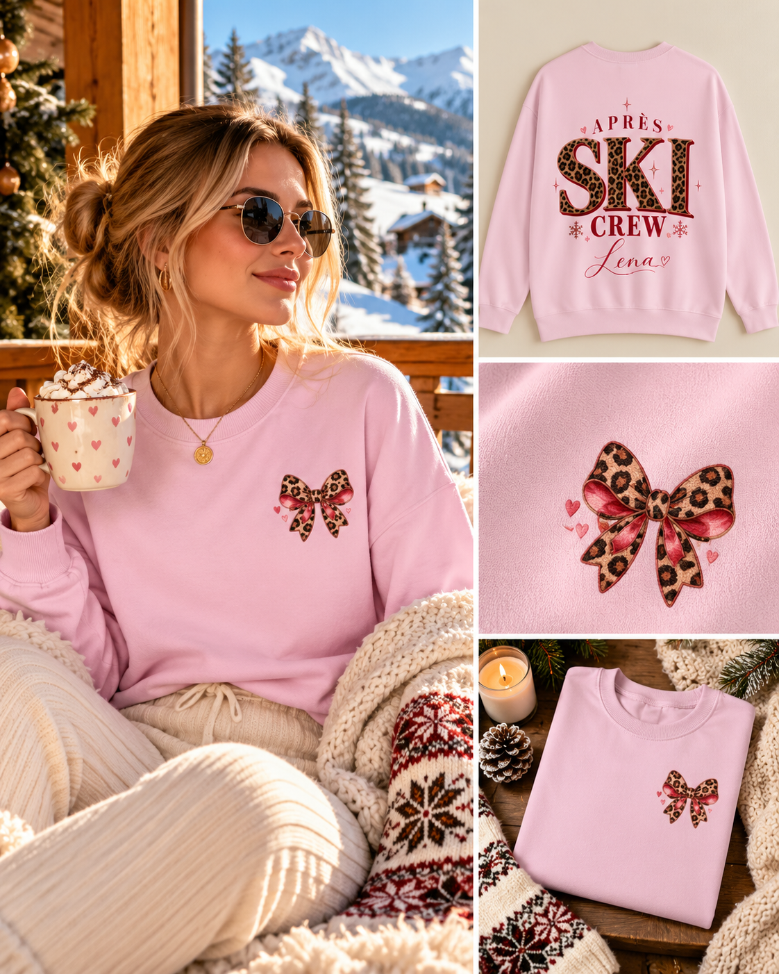 Personalisierter Après Ski Pullover Damen | Ski Crew Sweatshirt mit Name | Leo Print Winter Pullover | Skiurlaub Outfit | Après Ski Geschenk