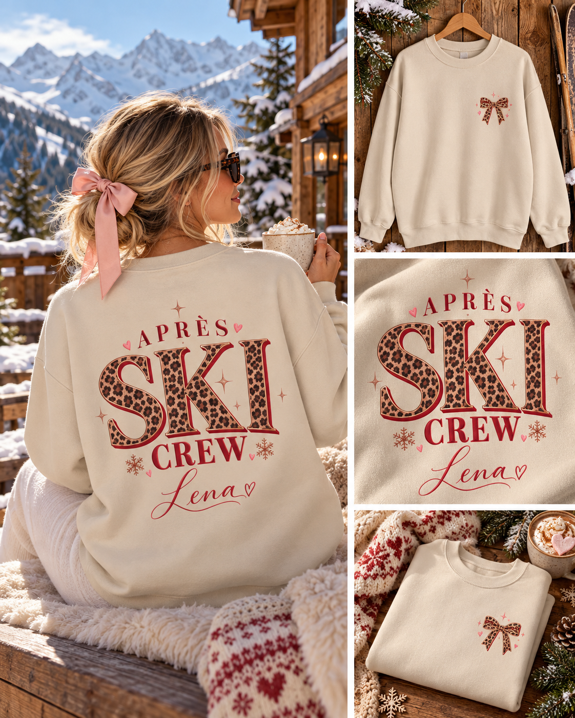 Personalisierter Après Ski Pullover Damen | Ski Crew Sweatshirt mit Name | Leo Print Winter Pullover | Skiurlaub Outfit | Après Ski Geschenk