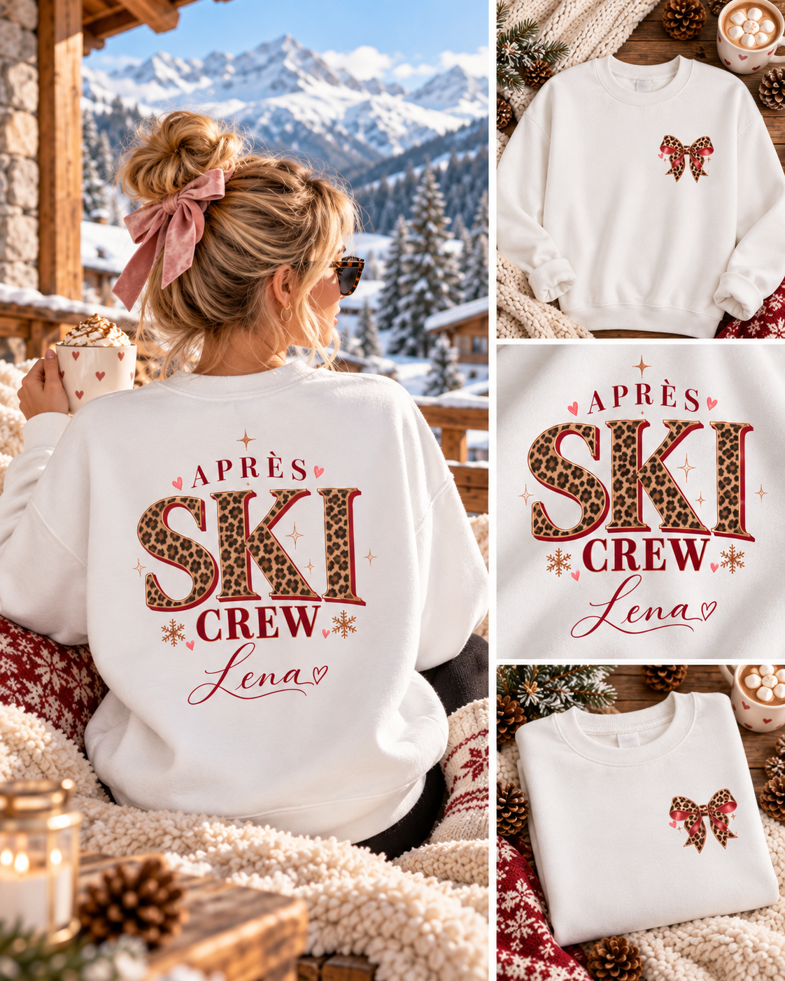 Personalisierter Après Ski Pullover Damen | Ski Crew Sweatshirt mit Name | Leo Print Winter Pullover | Skiurlaub Outfit | Après Ski Geschenk