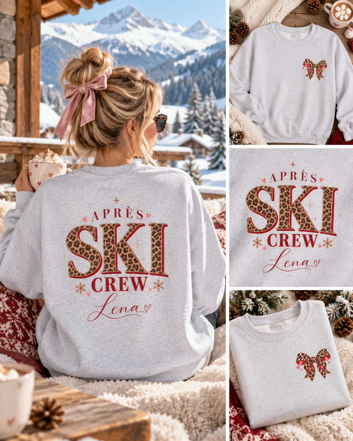 Personalisierter Après Ski Pullover Damen | Ski Crew Sweatshirt mit Name | Leo Print Winter Pullover | Skiurlaub Outfit | Après Ski Geschenk