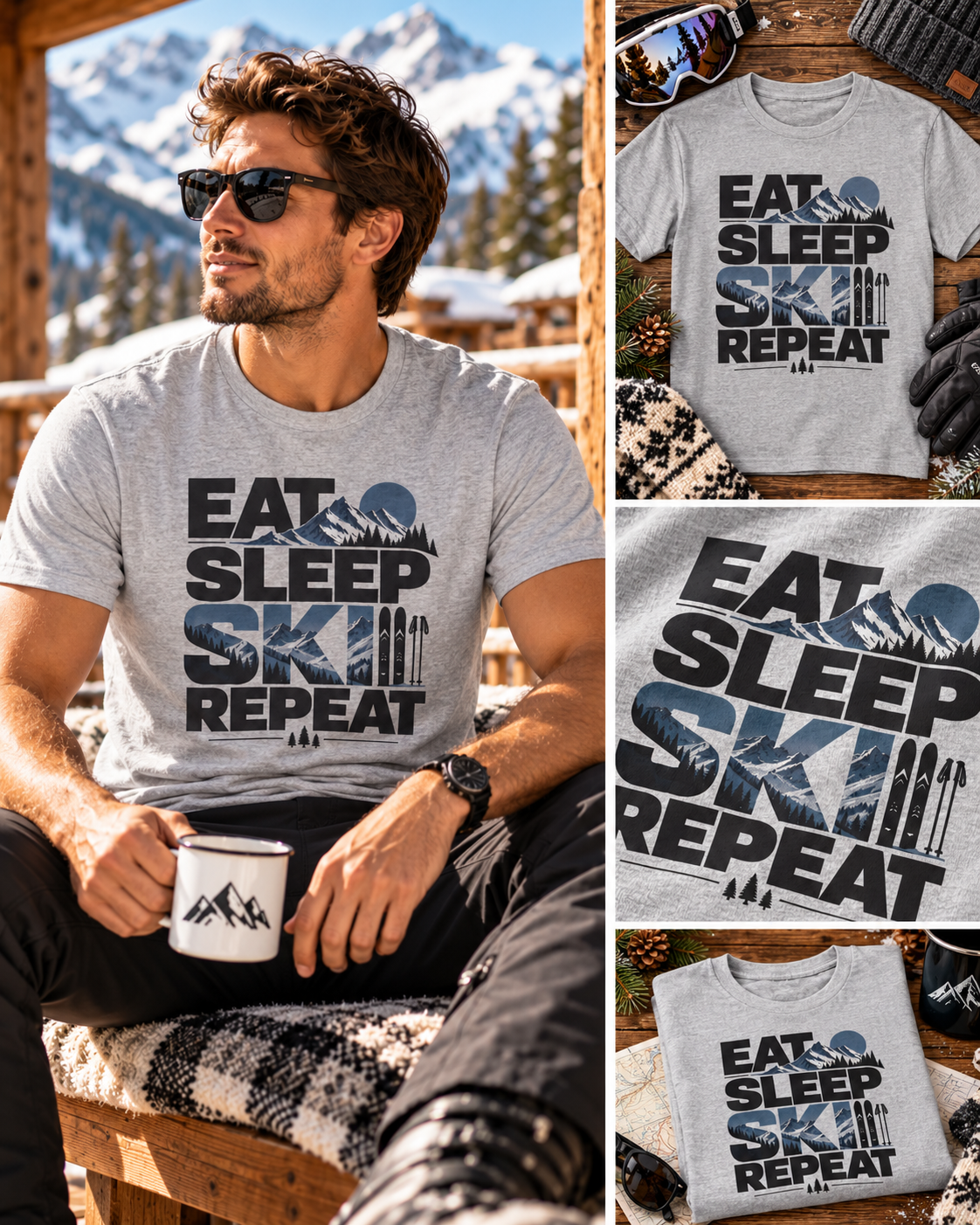 Ski Shirt Herren | Eat Sleep Ski Repeat T-Shirt | Skifahrer Geschenk | Skiurlaub Outfit Herren | Après Ski Shirt | Winter Sport Shirt