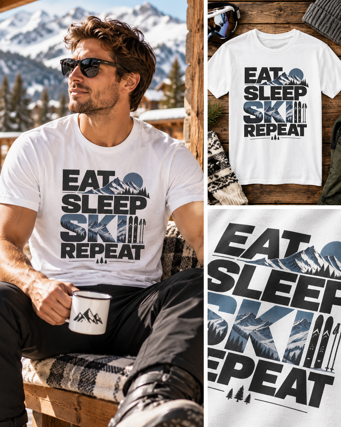 Ski Shirt Herren | Eat Sleep Ski Repeat T-Shirt | Skifahrer Geschenk | Skiurlaub Outfit Herren | Après Ski Shirt | Winter Sport Shirt