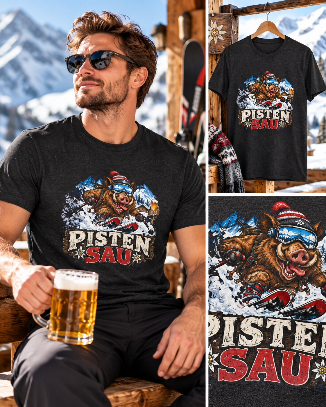 Ski Shirt Herren Pisten Sau| Lustiges Après Ski T-Shirt | Skifahrer Geschenk Männer | Skiurlaub Shirt Herren | Wintersport Shirt