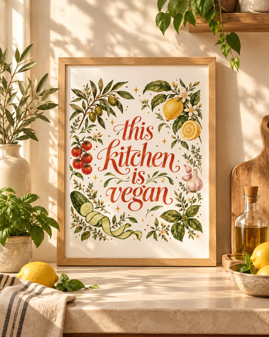 This Kitchen is Vegan - Botanisches Küchenposter für Veganer