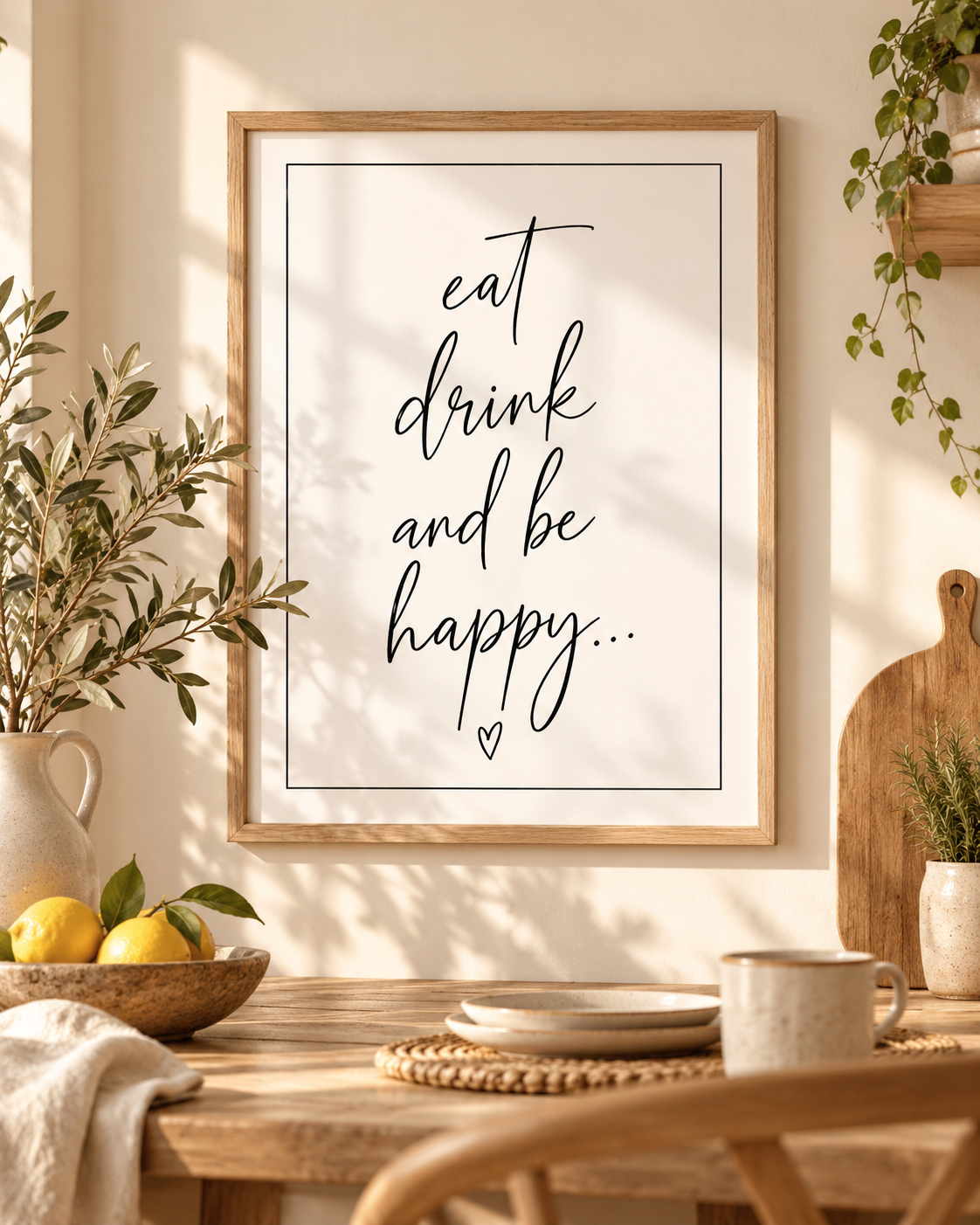 Eat drink and be Happy - Minimalistisches Küchenposter