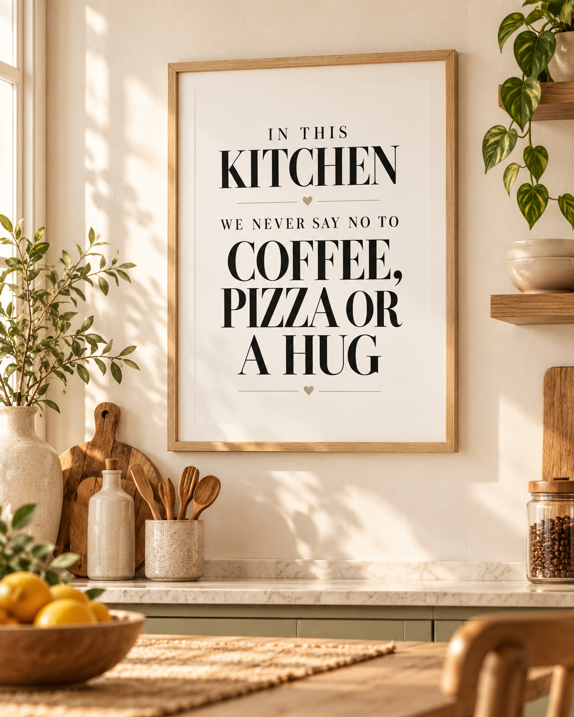 Coffee, Pizza or a hug - Modernes Küchenposter